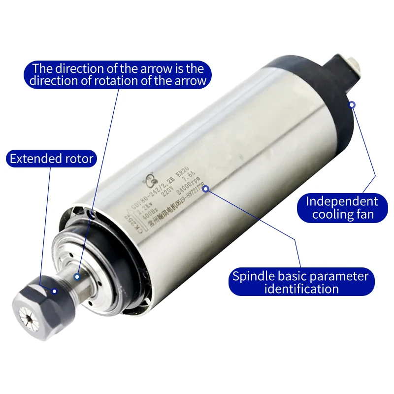 Hqd Round CNC Spindle Motor 2.2kw ER20 220V 380V Air Cooled Spindle Motor D80mm For CNC Router Machines