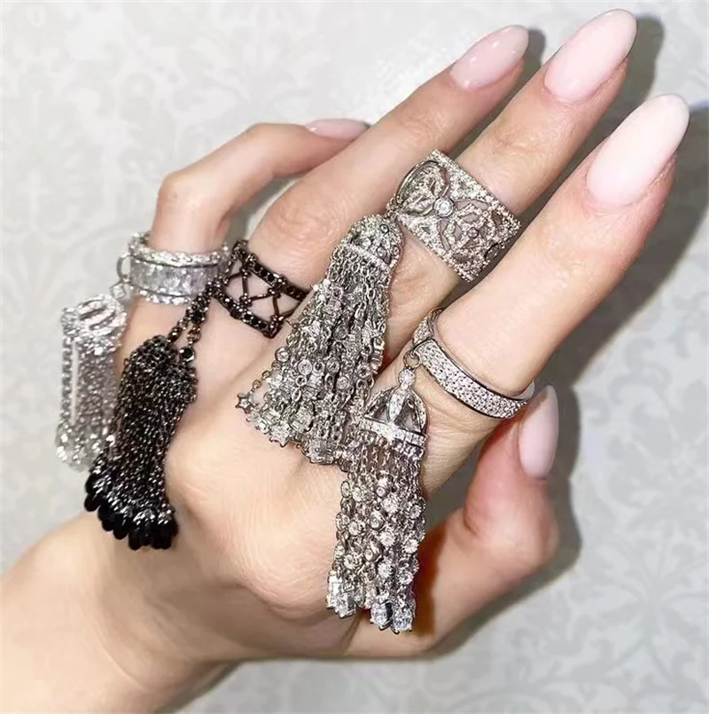 Solid 925 Sterling Silver Sparkling Carbon Diamond Tassel Ring Thistles &Thorns Double drop Crystal Rings Fine Jewelry for Women