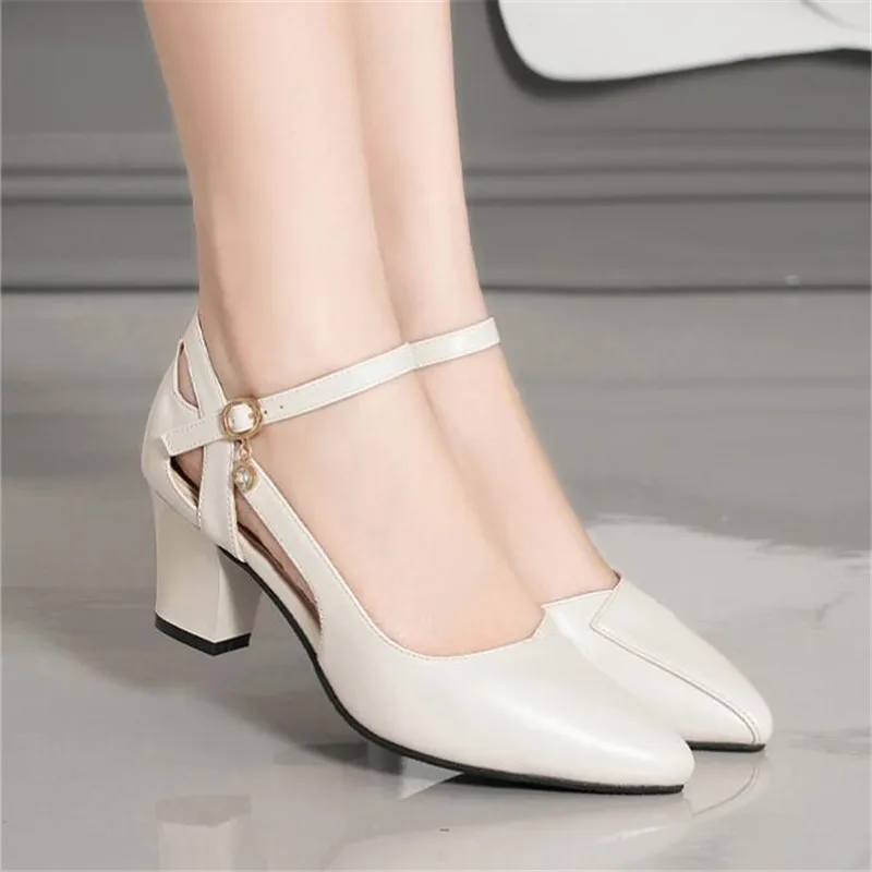 Women Shoes Pointed Toe Pumps Solid Color Sandals Female Summer New Baotou One-word Buckle Thick Heel Ladies Comfortable Shoe