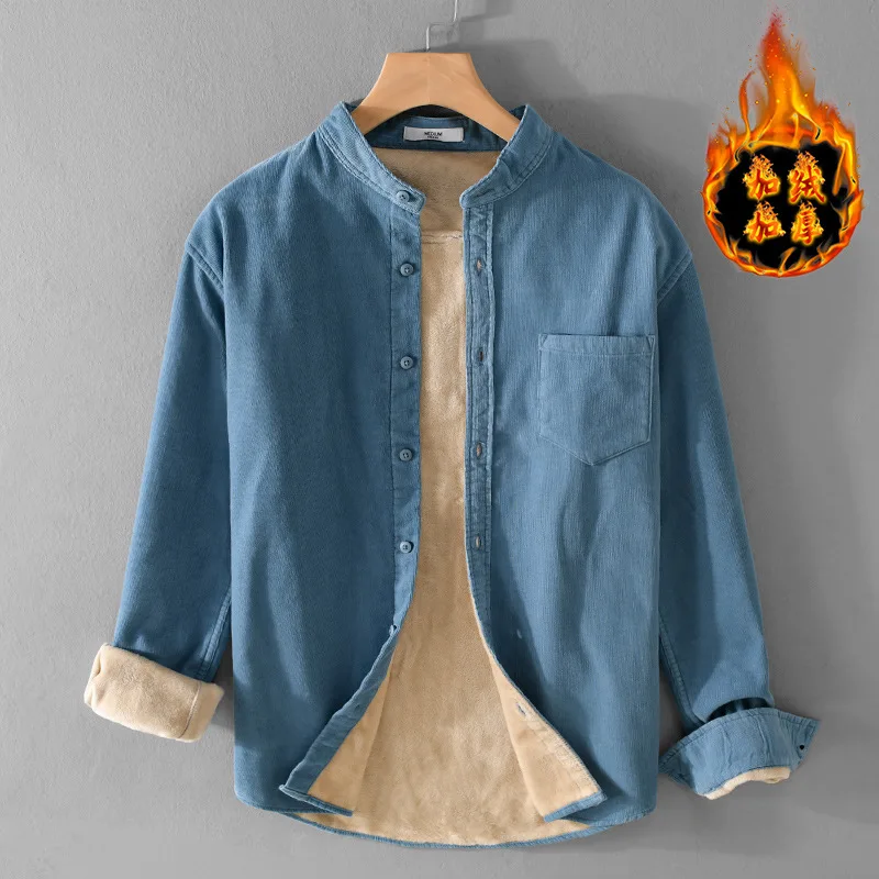 

Retro Japanese Sle Men's Casual irt Thiened Long Sve Fce Lined Corduroy Warm Top Button up Cotton Workwear