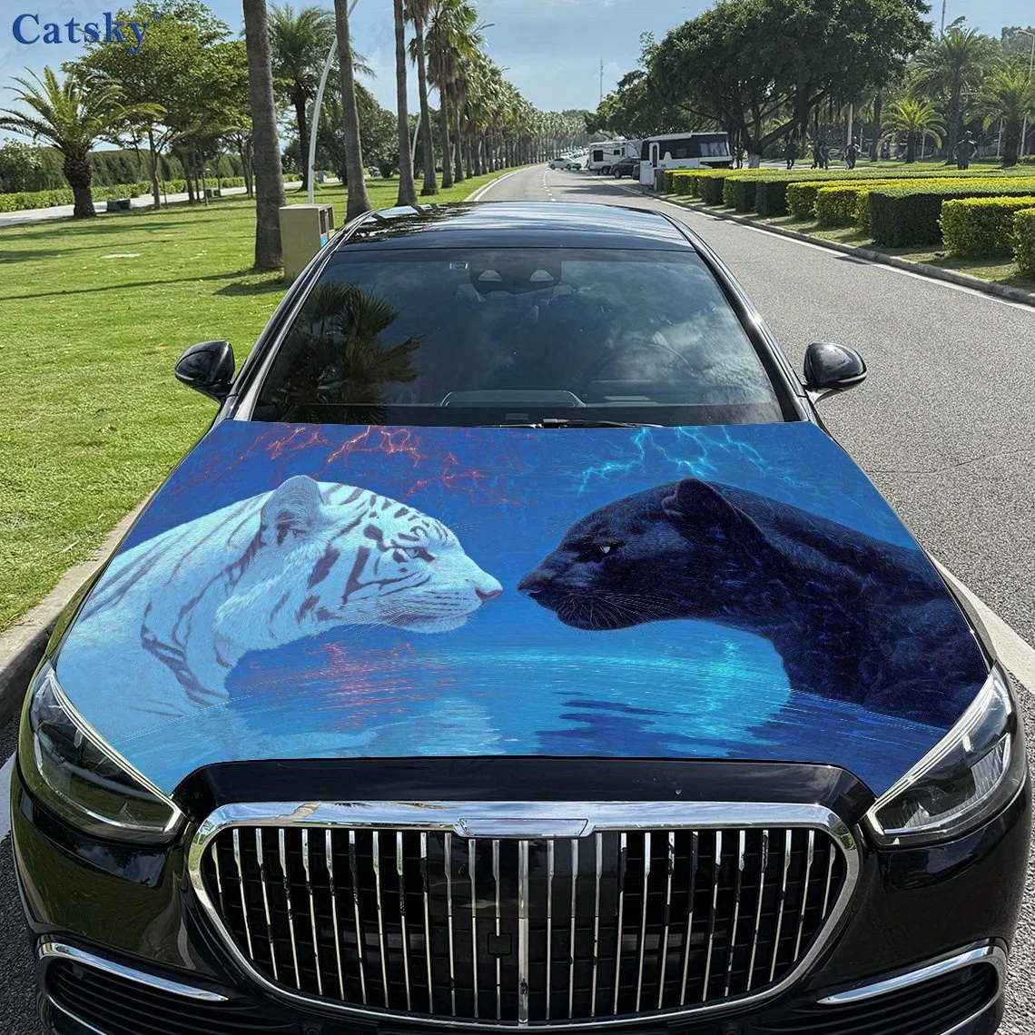 

White Tigers and leopard Facing Each Other Car Vinyl Wraps - Suitable For Most Engine Hood,Bubble-free Design,Waterproof,Cleanab