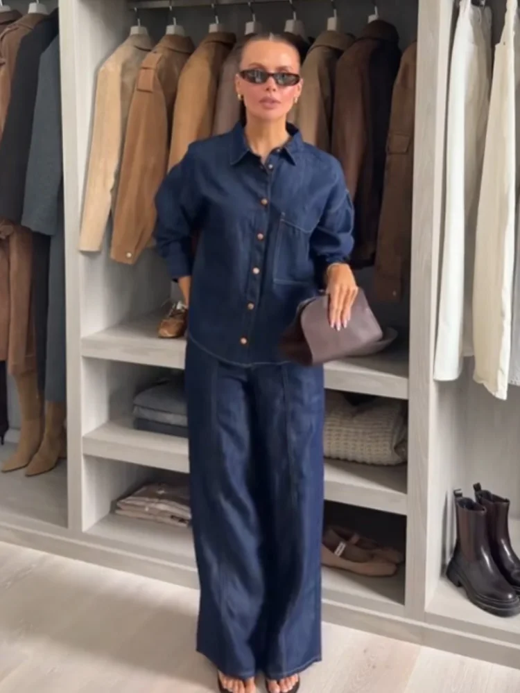 

HH Women's Spring Fashion Retro Versatile Lapel Pocket Single Breasted Loose Denim Shirt+High Waisted Wide Leg Casual Jeans Suit