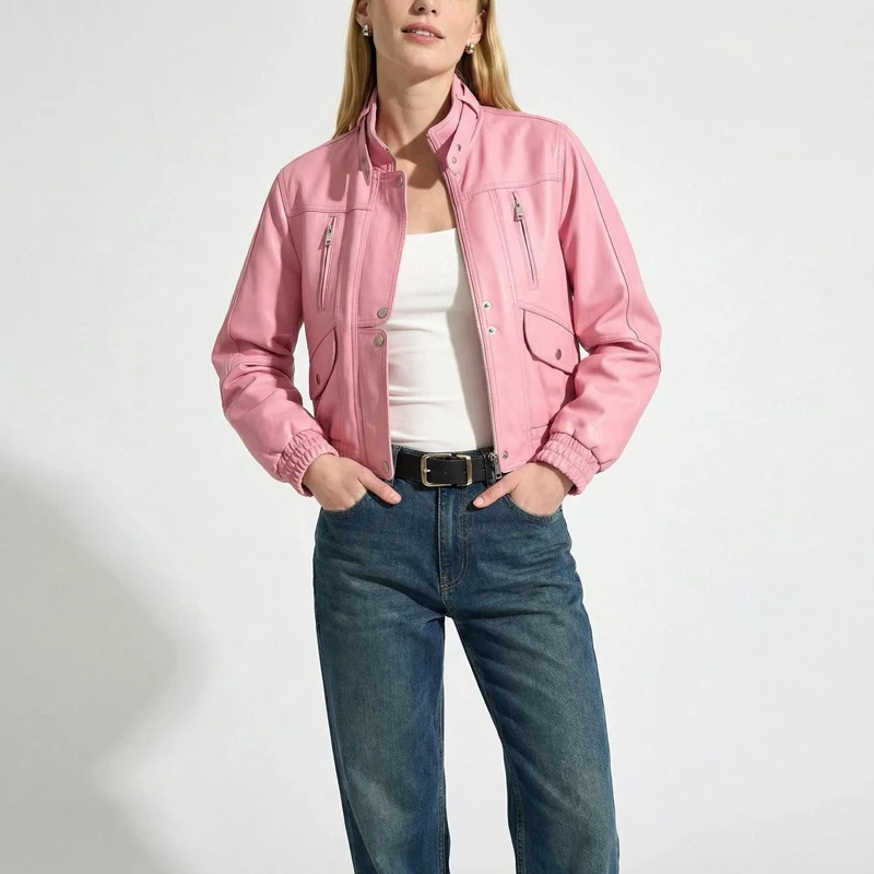 2025 New Genuine Leather Jacket for Women Fashion Moto&Biker Loose Zipper Female Stand Collar Short Real Sheepskin Jacket Coats