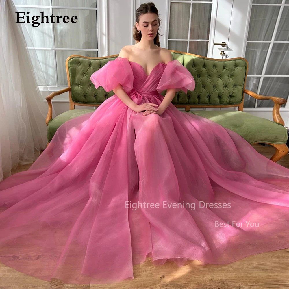 

Eightree Fairy Pink Organza Evening Dresses High Slit Party Gown Detachable Sleeves Vestidos De Fiesta Elegantes Para Mujer 2024