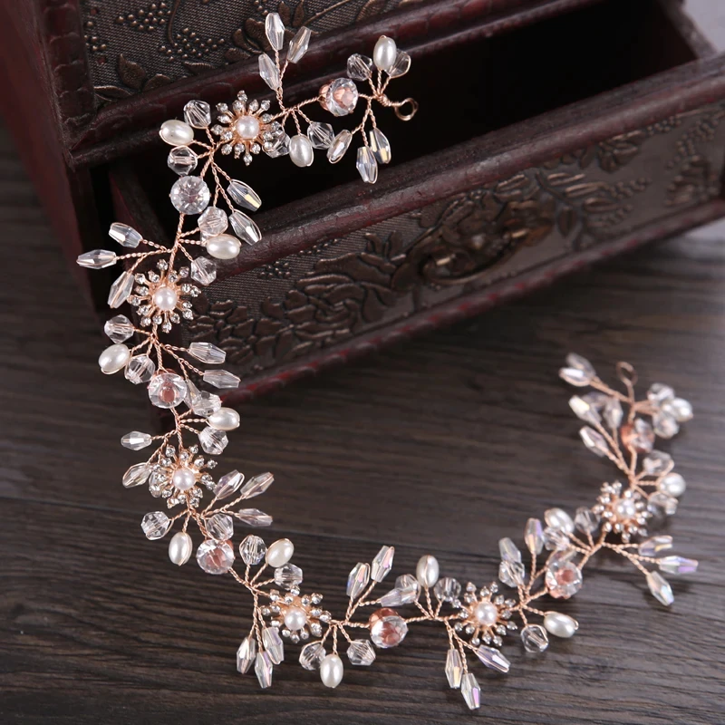 Fashion Bridal Pearl Crystal Headband Women Hair Jewelry Wedding Tiara Gold Hair Accessories Hairbands Flower Headdress Ornament