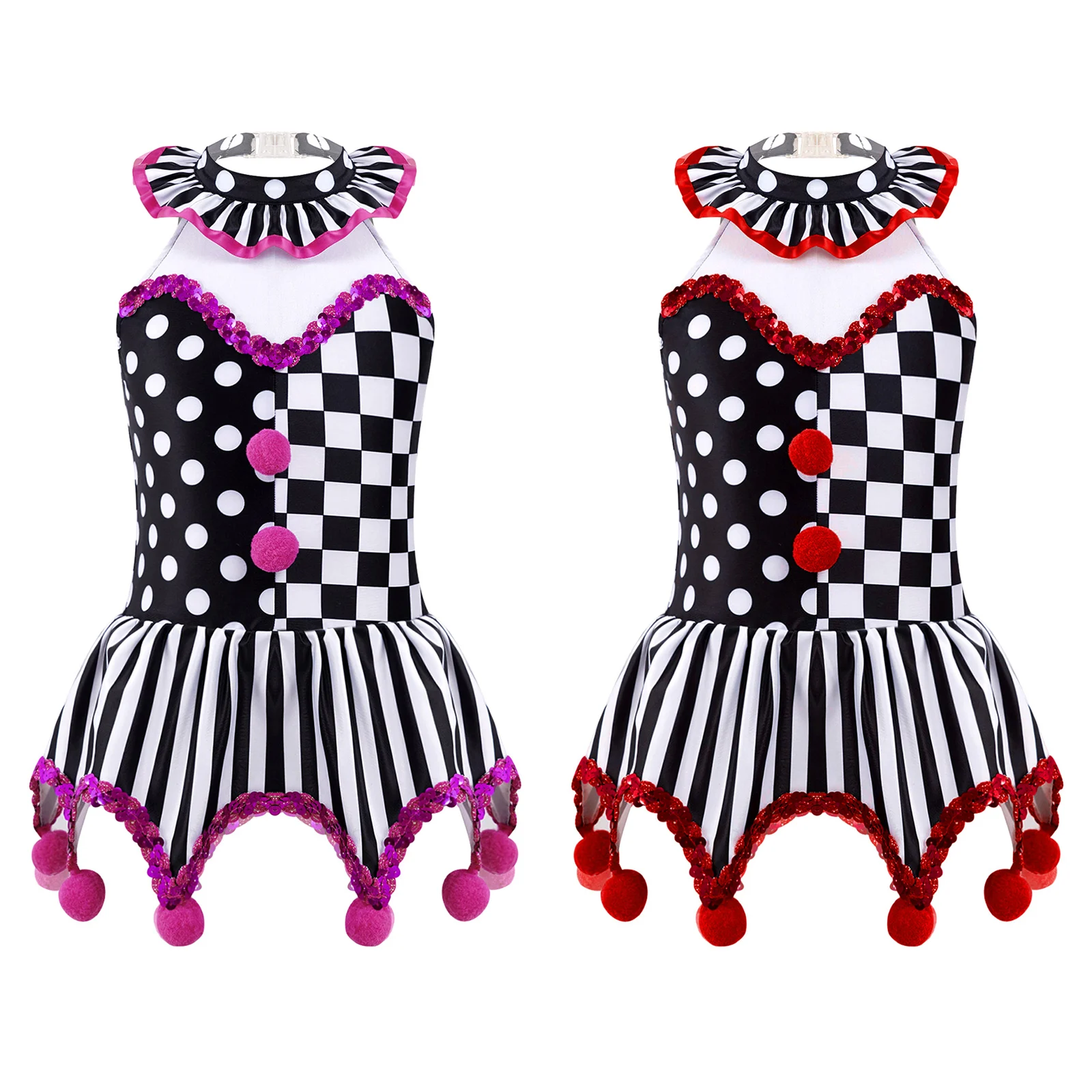 Kids Girls Circus Clown Joker Costume Halloween Cosplay Leotard Dress Polka Dots Stripes Sequins Pompoms Adorned Skirted Dress