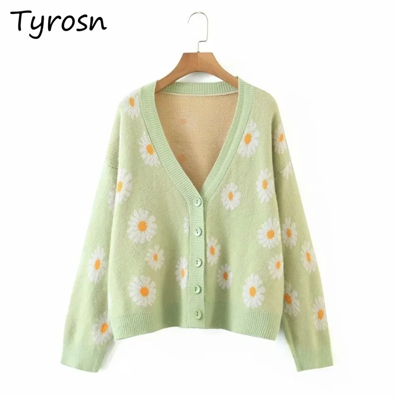 

Кардиганы с цветочным принтом, женские вязаные свитера с v-образным вырезом и длинным рукавом, новинка осени и зимы, свободные, нежные, эстетические, стильные, мешковатые, японский шик