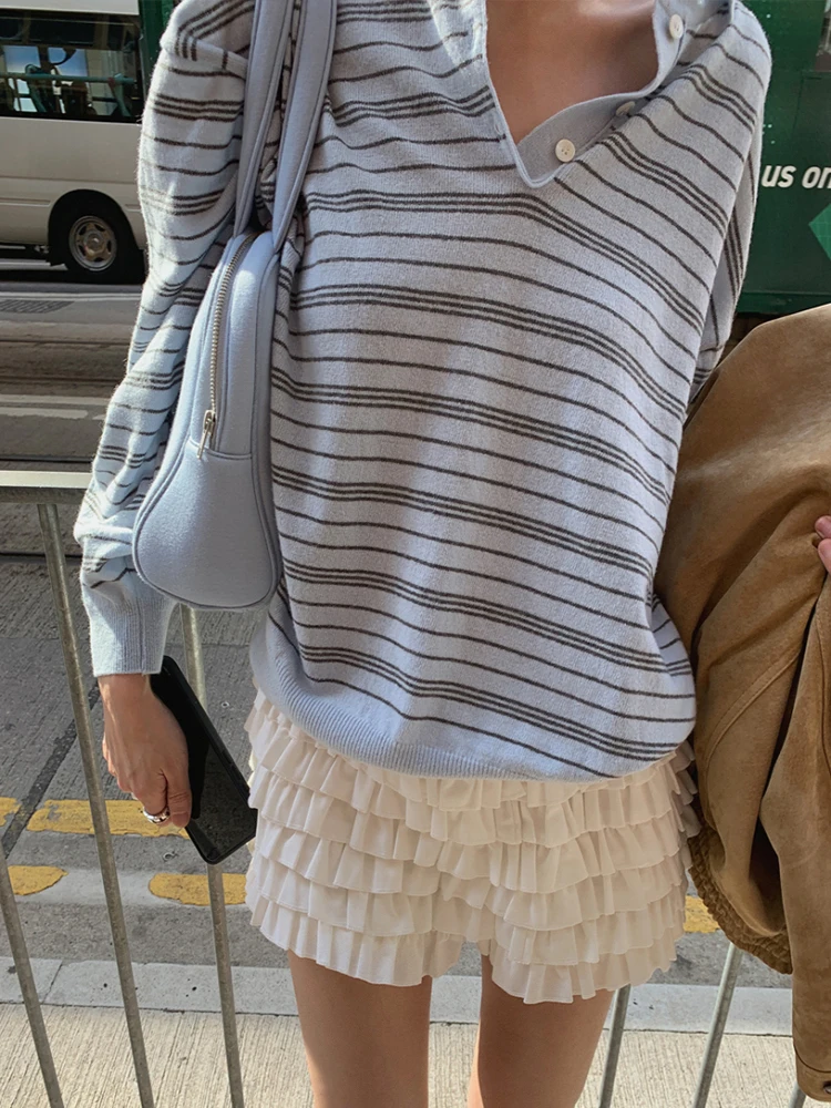 

Slim Stripe Knitwear Women's Vintage Collar Loose Lazy Sle Slimming Versatile Thin Long Sve Ne Regular Length Top