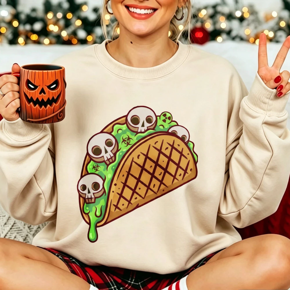 Skull Taco Green Slime Graphic Crewneck Sweatshirt Halloween Spooky Food Print Long Sleeve Holiday Soft Casual Pullover Tops