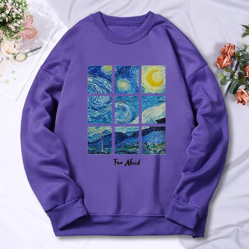 Romantic Starry Sky Painting Print Hoodies Women Autumn Casual Hoodie Hip Hop Oversize Hoody Fleece Warm Comfortable Tops Female