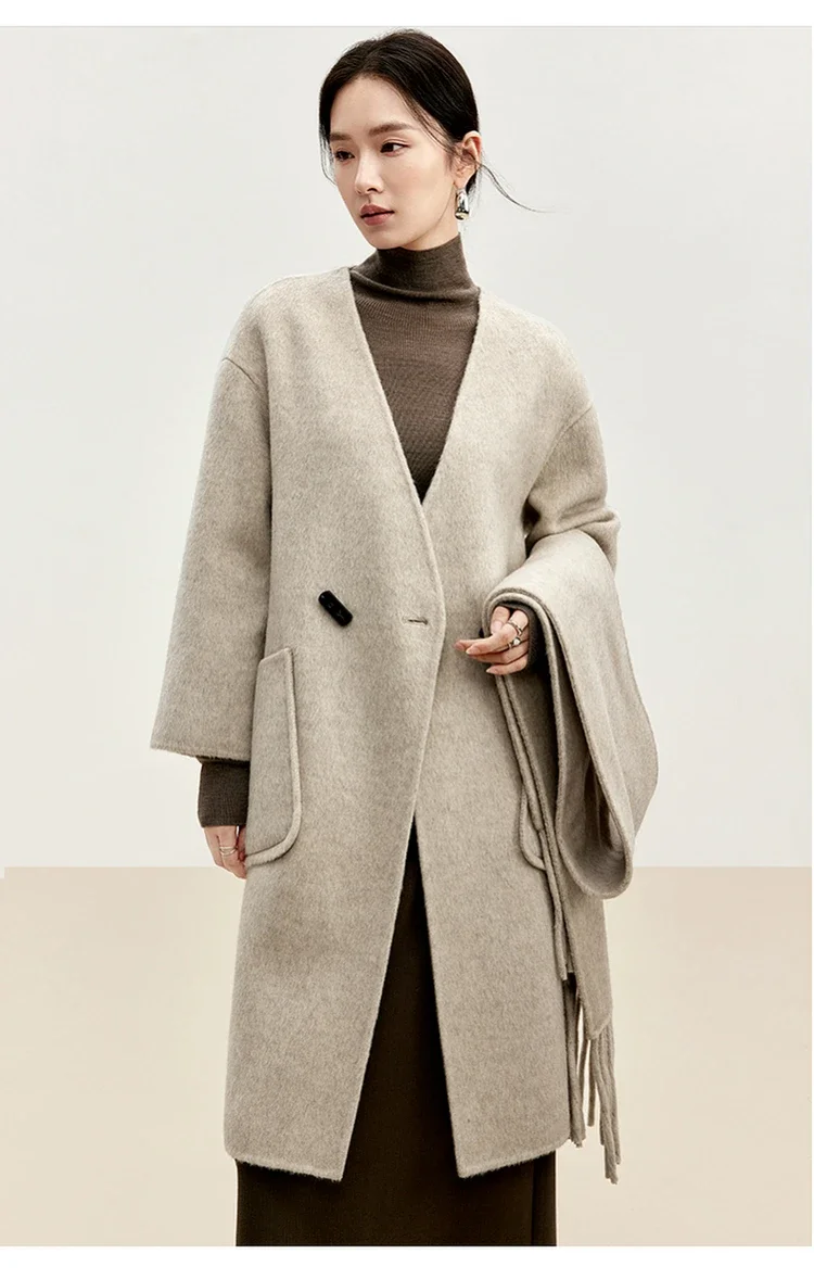 

SENTUBILA Loose Fit Wool Coat For Women 2025 Double Sided Tassel Scarf Bull Horn Buckle Jackets Women's Winter Clothes W44O56009