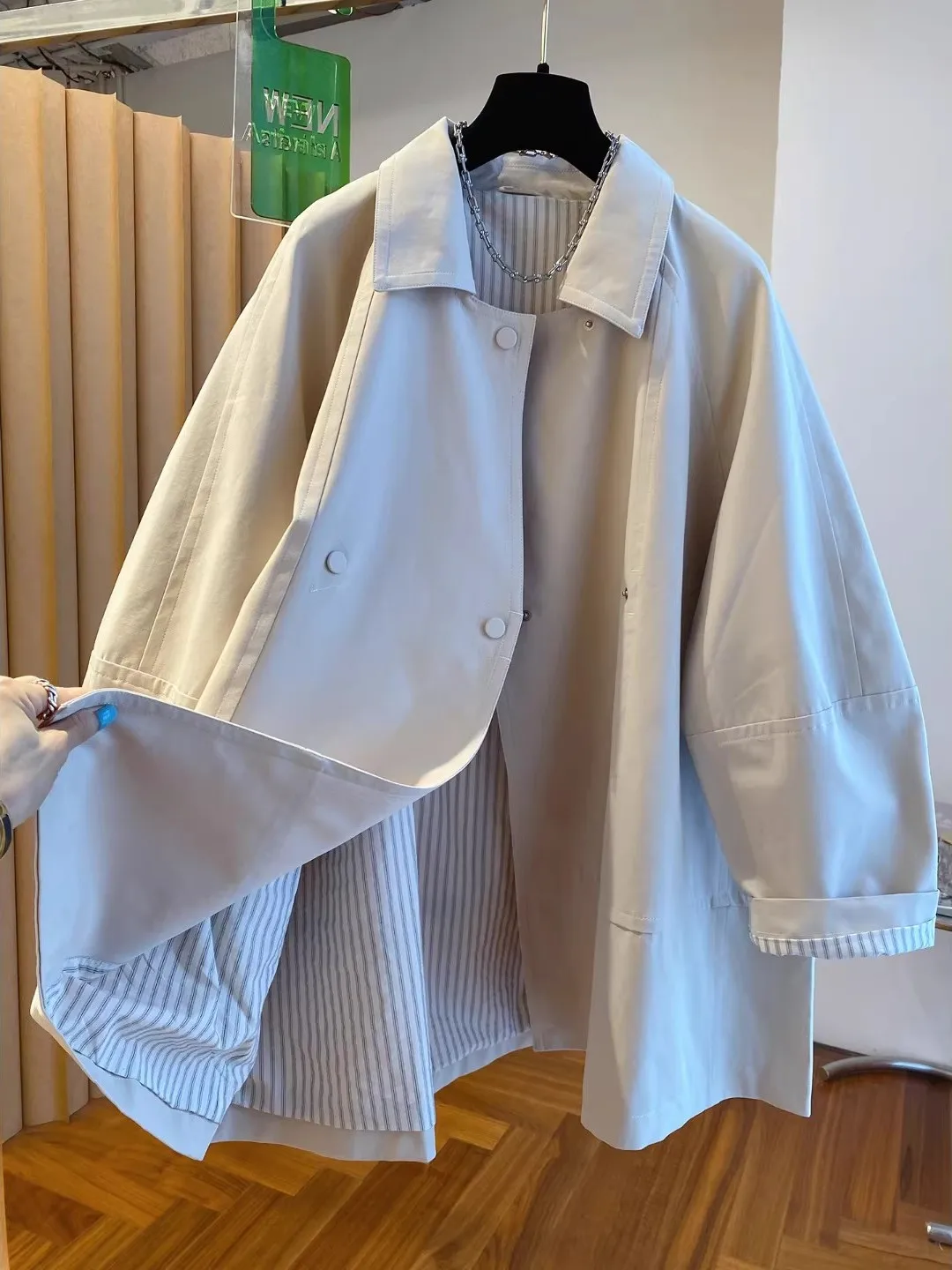 

Large Size 300 Pou Men's Autumn Spring Flap Collar Windbreaker Jaet Briti Sle Loose Fit Long Coat ex