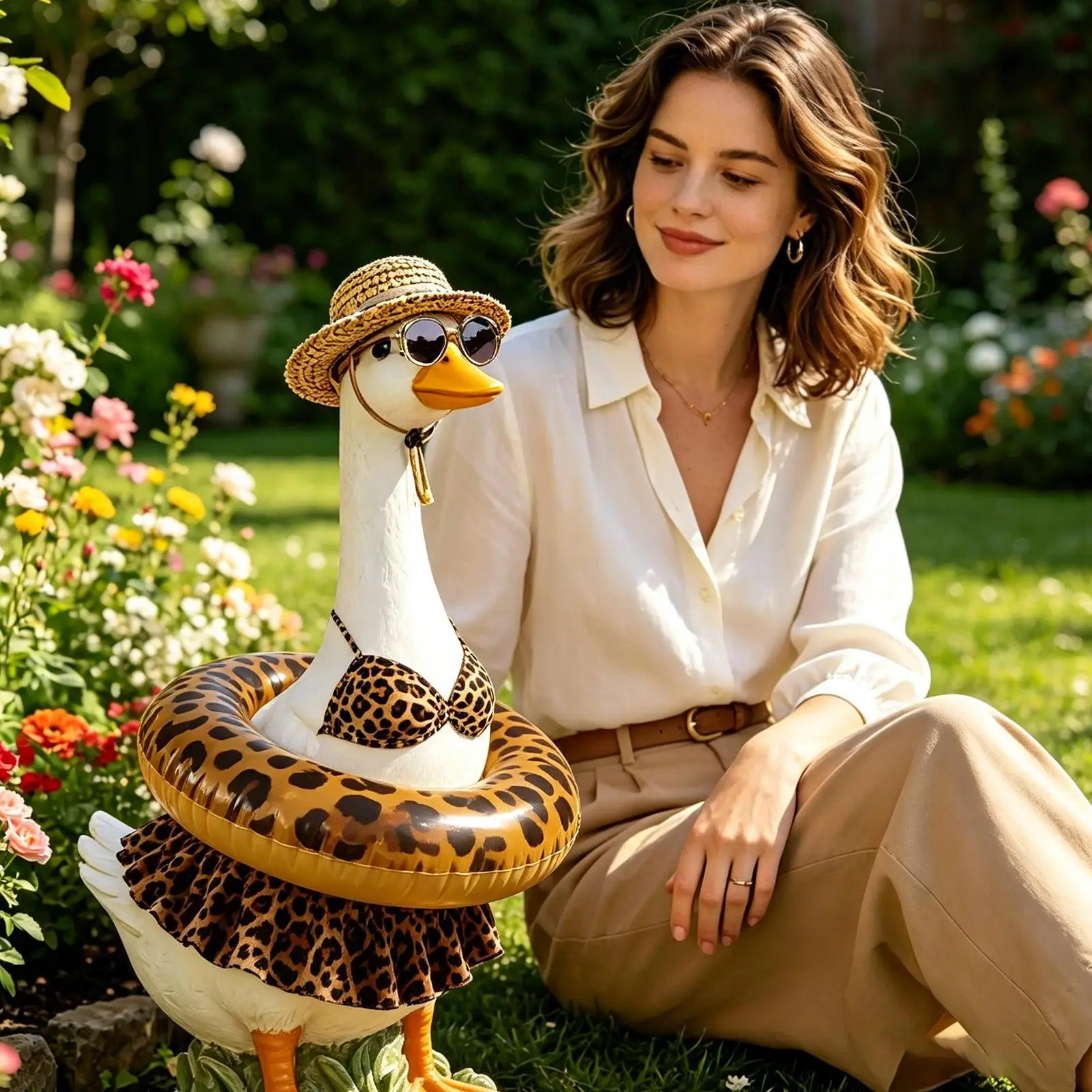 Disfraces de Ganso de Verano de 23 Pulgadas con Sombrero, Gafas de Sol y Bikini de Leopardo, Divertido Atuendo para Fiestas en el Jardín y Festivales