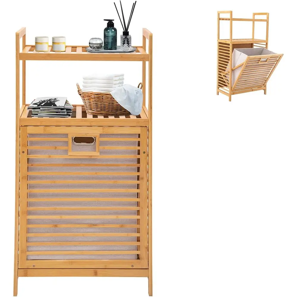 3Tiers Bamboo Clothes Organizer,ree Standing Storage Shel w/oldable & Removable Basket,Out Laundry Basket or Laundry Room,Bathro