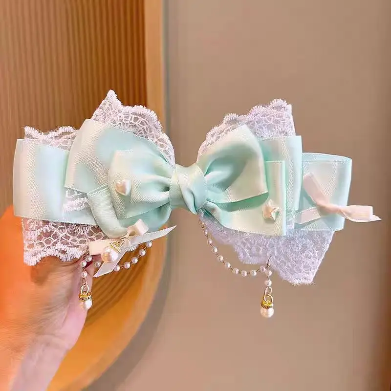 1 Women\'s Polyester ribbon Lace Lace Pearl chain Internet celebrity big bow tie hairpin Fashion personality Sweet and cute cheap