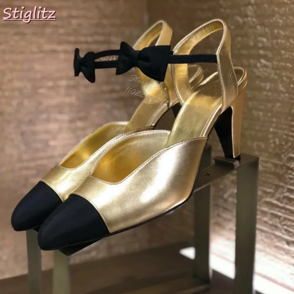 Splicing Bow Binding Sandals Pointed Toe Shallow Gold Fashion Women Shoes Special Heel Summer Spring Elegance Dress Leather Shoe