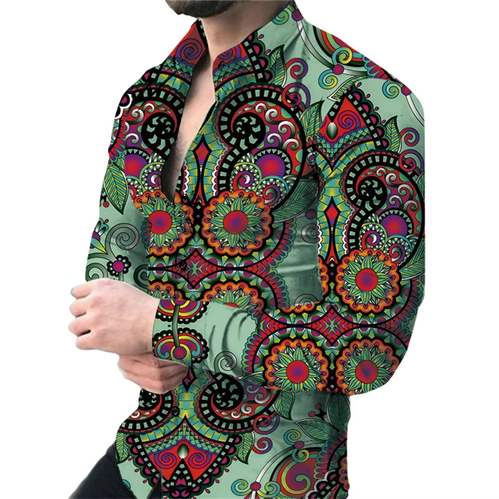 New Retro Men's Lapel Shirt Men's Exquisite Ethnic Print Slim Shirt New Fall Fashion Office Long-sleeved Blouse Elegant Shirt，