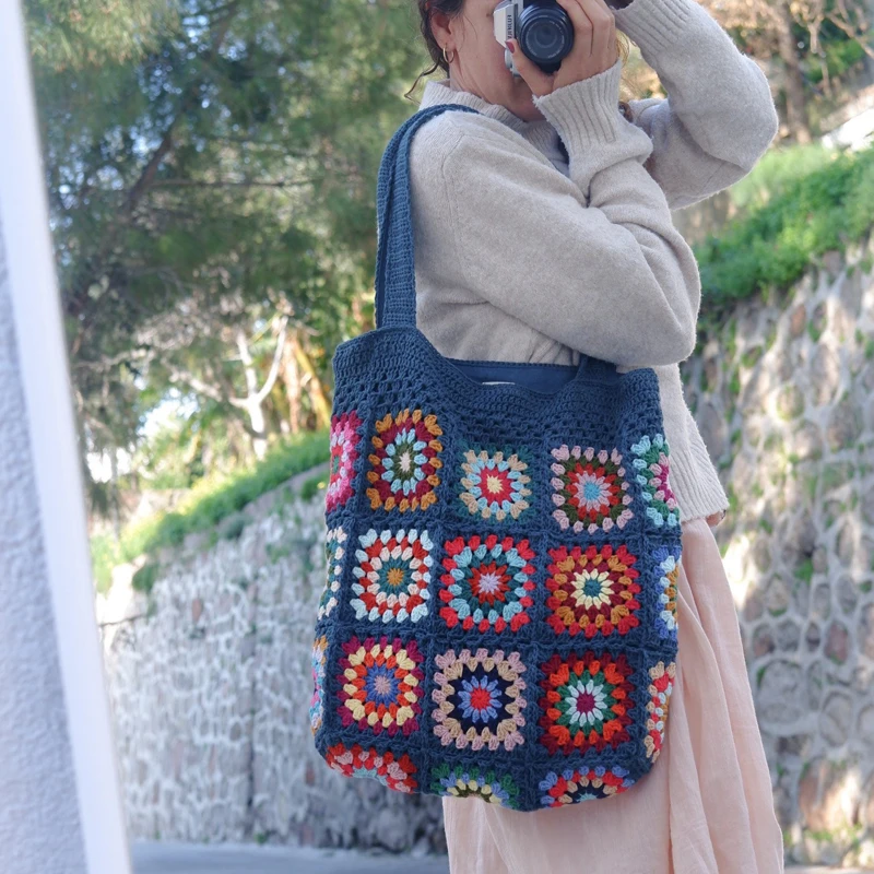Deep Blue Grannyma Square Colorful Large Capacity Tote Bag Vintage Large Bag Bohemian Women's Wallet Purse