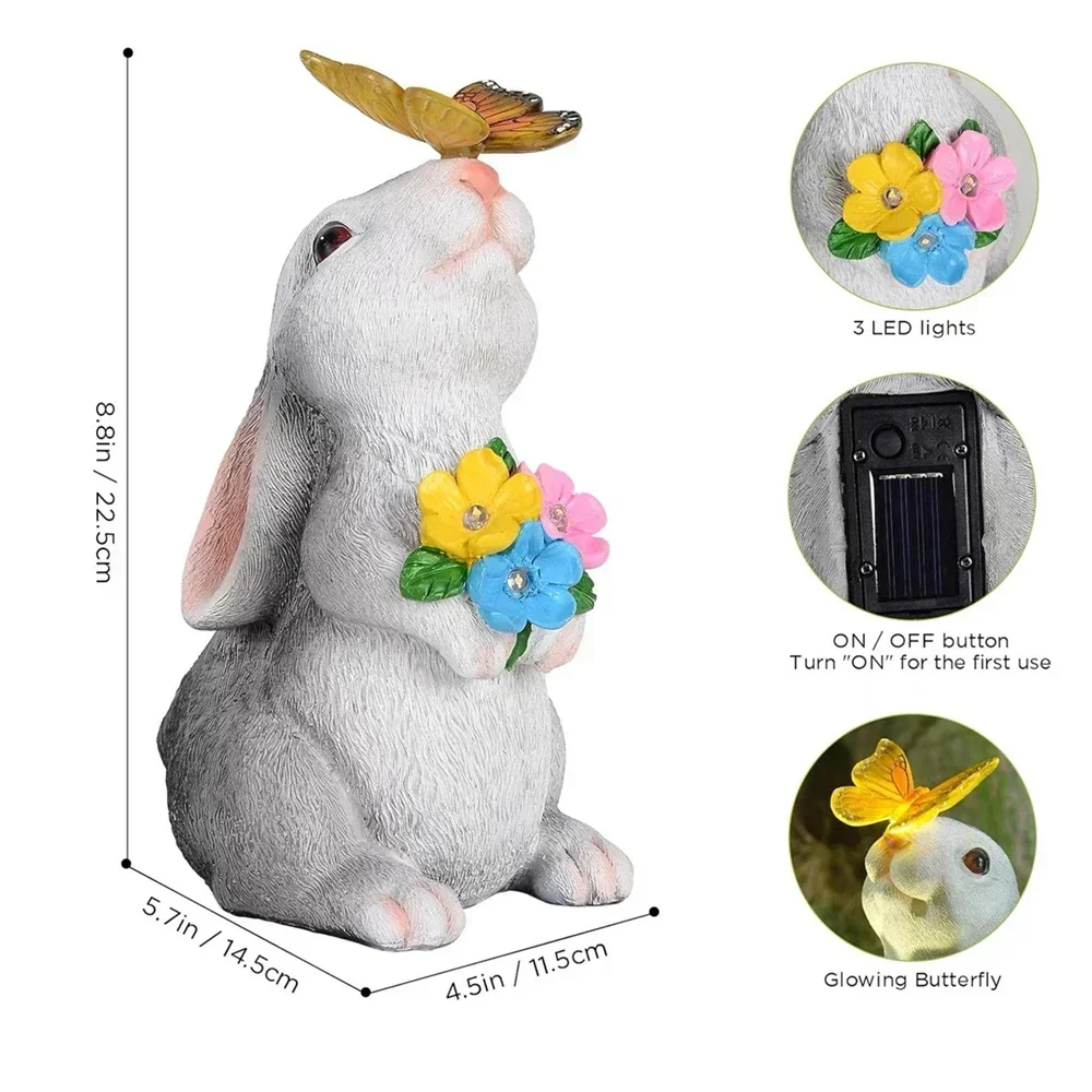 2026 Premium Solar Bunny Statue Garden Decor Resin Animal Figurine Butterfly LED Light Outdoor Yard Courtyard Ornament