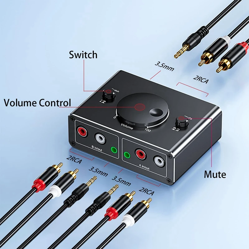 Rise-ミュートボタン付き双方向オーディオスイッチャー、3.5mm、2rcaステレオ、1入力、2出力、3.5mm