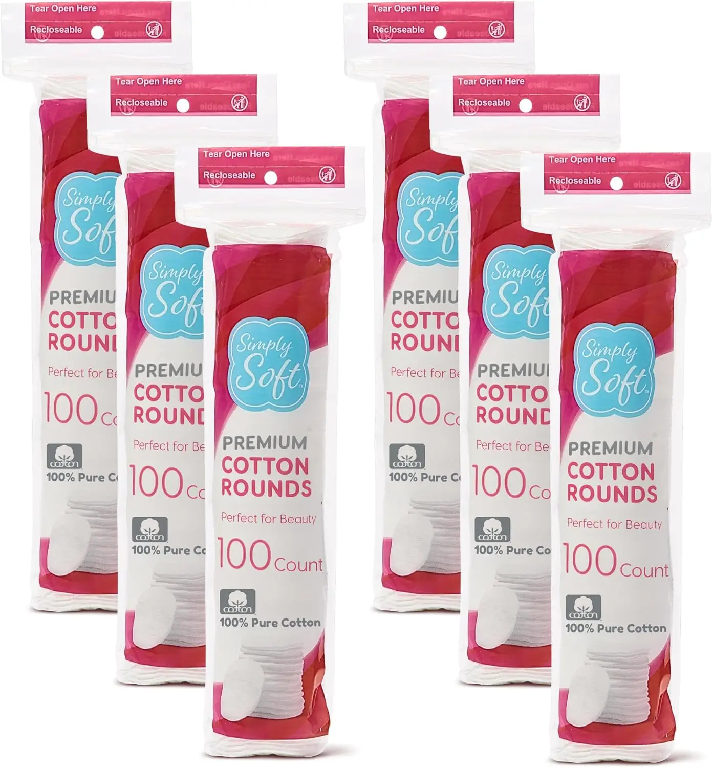 

Premium Cotton Rounds, 100% Pure Absorbent Pads, 100 Count (Pack of 6), 600 Total