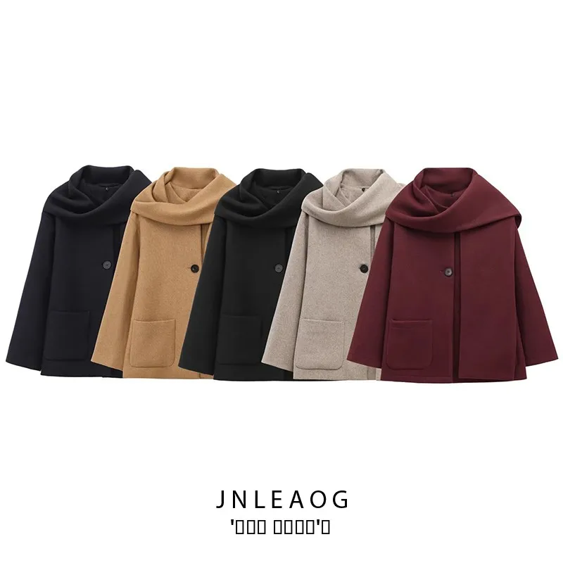 

JNLEAOG Autumn New Women's Faion Mixed Media Coat with Scarf Design Street Sle Long Sve Polyester Outerwear