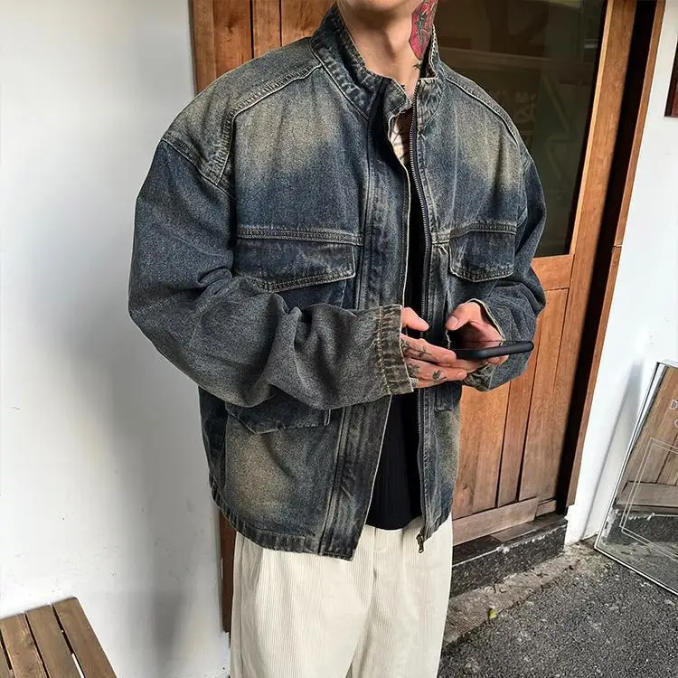 

2025 Spring Denim Jacket Men Vintage Blue Loose Fit Stand Collar Casual Zip Up Fashion Retro Ins Style Outerwear Tops