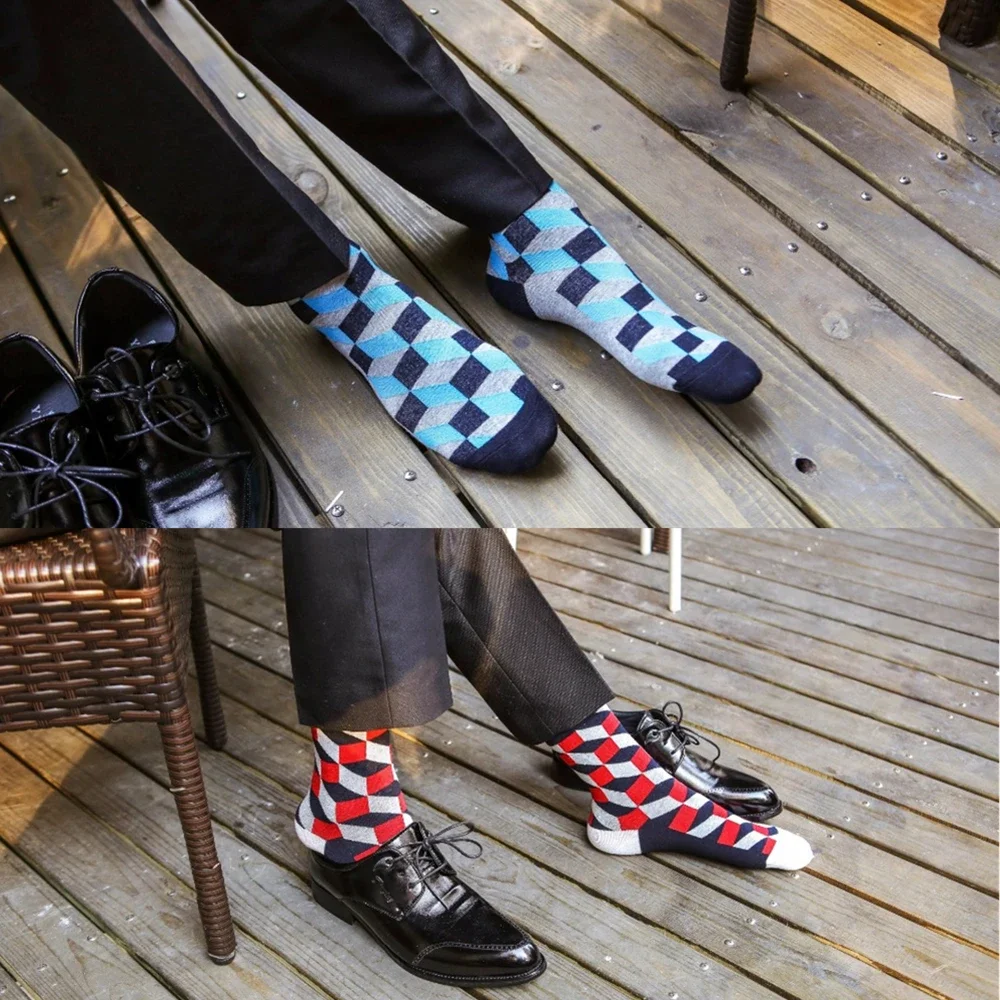 5 Pairs Novelty Men\'s Cotton Colorful Pattern Funny Fashion Happy Crew Dress Socks Male Tide Brand Men Cotton Socks