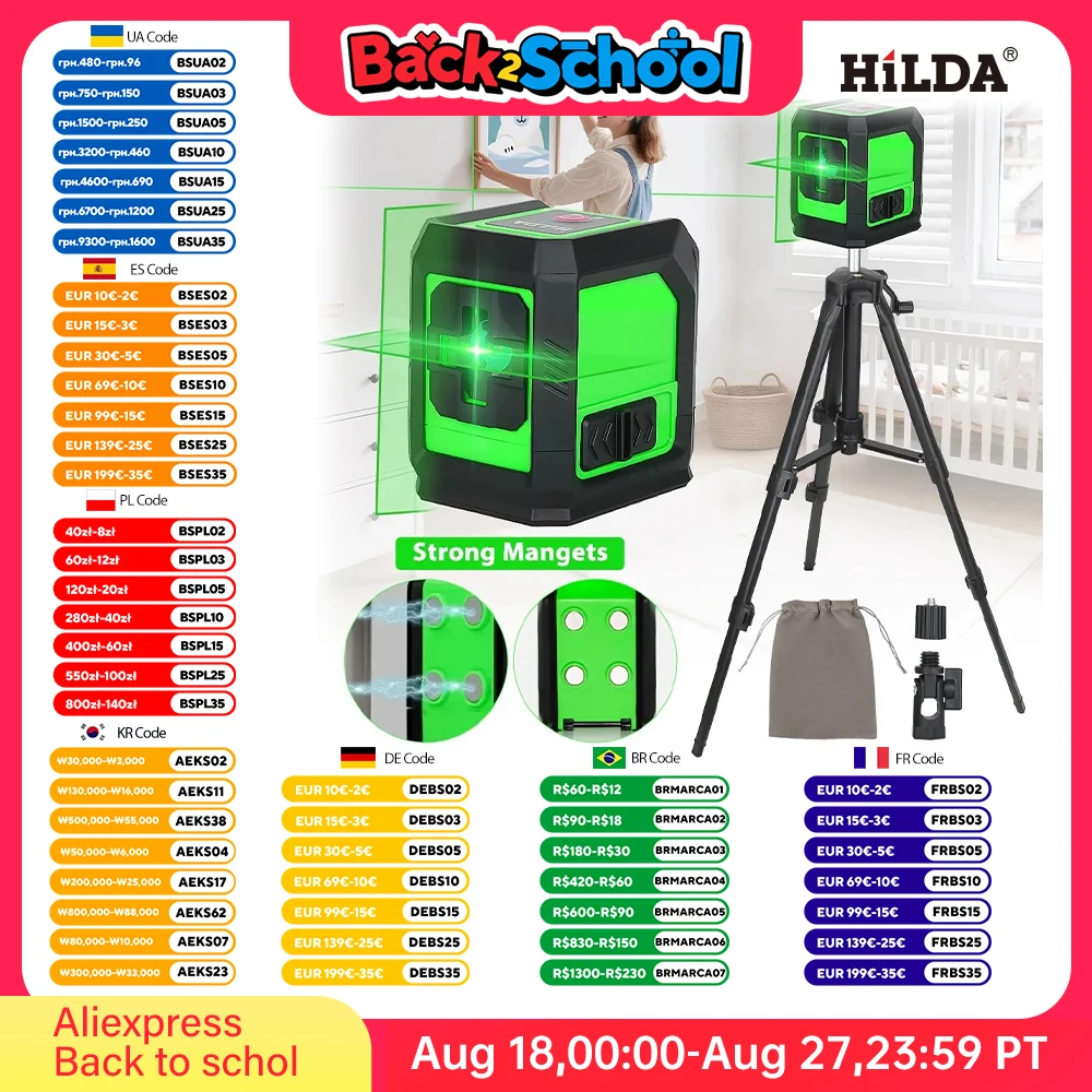 HILDA Livello laser a 2 linee Raggio verde Autolivellante posteriore con magnete Linea trasversale verticale orizzontale