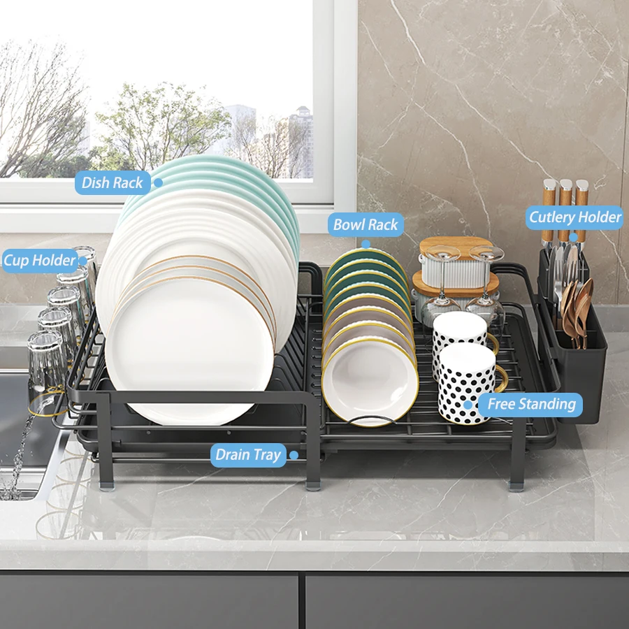 رف تجفيف الأطباق الكبير مع لوح تصريف، رف أطباق قابل للتوسيع لطاولة المطبخ، حامل أواني وخطافات أكواب، مقاوم للصدأ