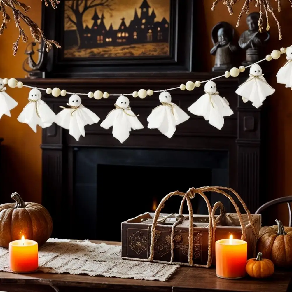 

Cute Halloween Ghost With Wooden Beads Garlands, Halloween Banner For Wall Home Indoor Outdoor Spring Decor Supplies Y0C6