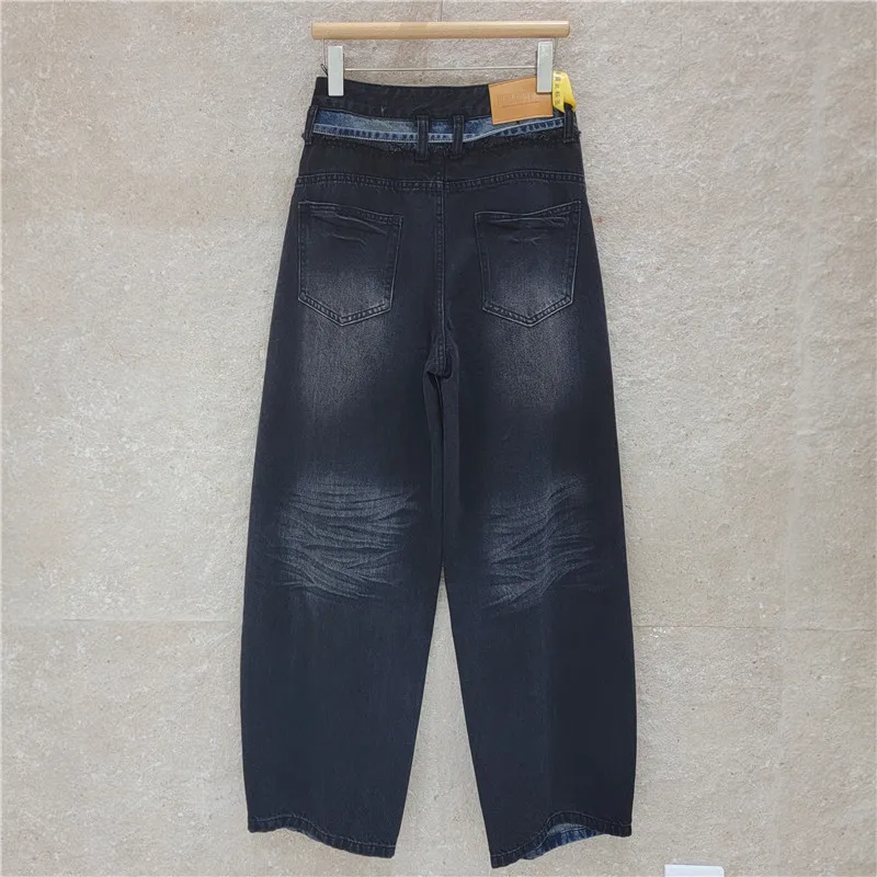 Korea Contrast Color Hole Jeans for Women 2026 New Autumn All-match High Waist Floor-length Wide Leg Casual Straight Denim Pants