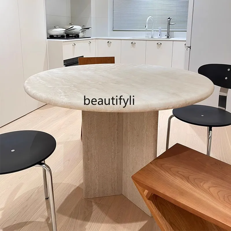 

Wabi Sansan natural travertine round dining table designer small apartment Nordic marble dining table