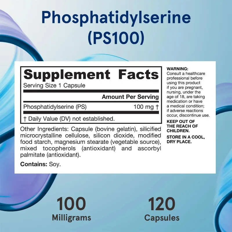PS100 Phosphatidylserine - Brain Supplement, Supports Healthy Thinking, Synaptic Growth, Memory, Creativity, 120 Capsules