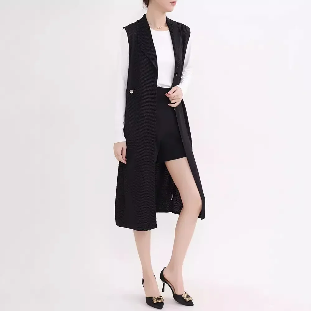 Miyake Pleated High-end Pleated Women's Clothing 2024 New Autumn Fashion Versatile Lapel Mid-length Sleeveless Jacket