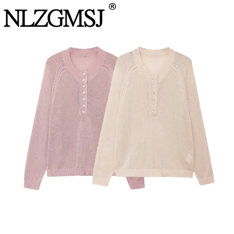 Nlzgsmj 2026 Neuer Frühling Casual Damen Henley-Pullover - Langarm Raglan-Ärmel Büro-Damen Strickpullover
