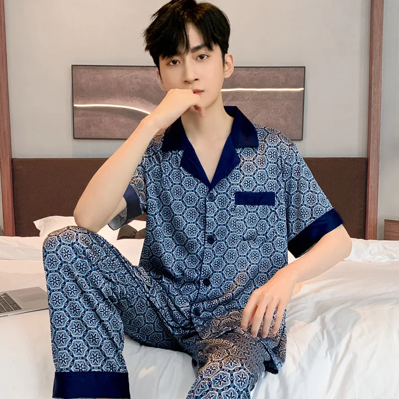 Quality Pajamas Suit Men Spring Summer Fashion Classic Simulated Ice Silk Loungewear Two-piece Set Male Paisley Print Sleepwear