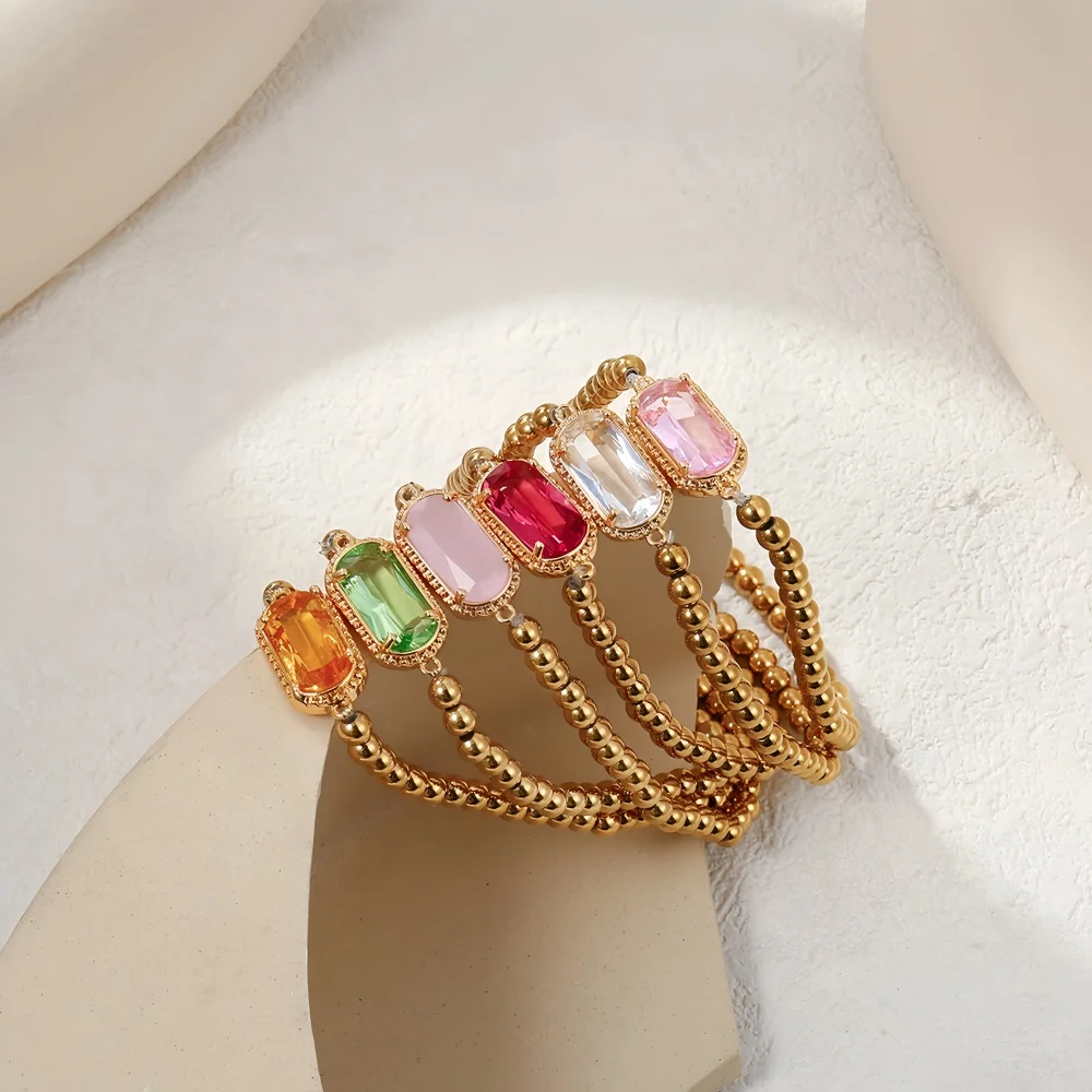 12 Color Fashion Jewelry Stainless Steel 2.1CM Square Birthstone Bracelet Sparkling High-grade Rhinestone Bangle Gift