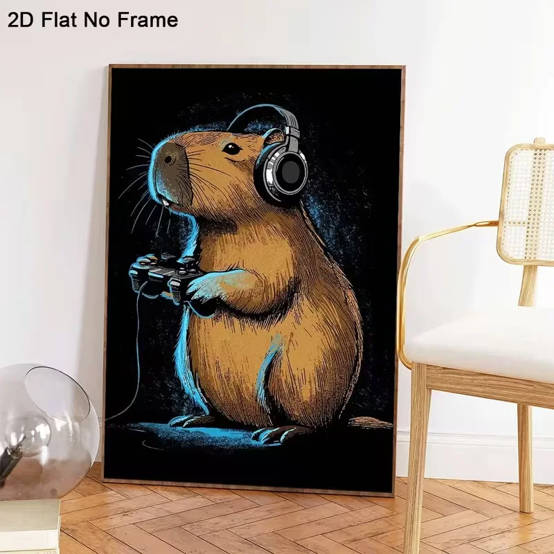 2D Flat 1pc Frameless Canvas Poster, A Capybara Wearing Headphones and Playing Video Games with a Controller, Wall Art Canvas Pa