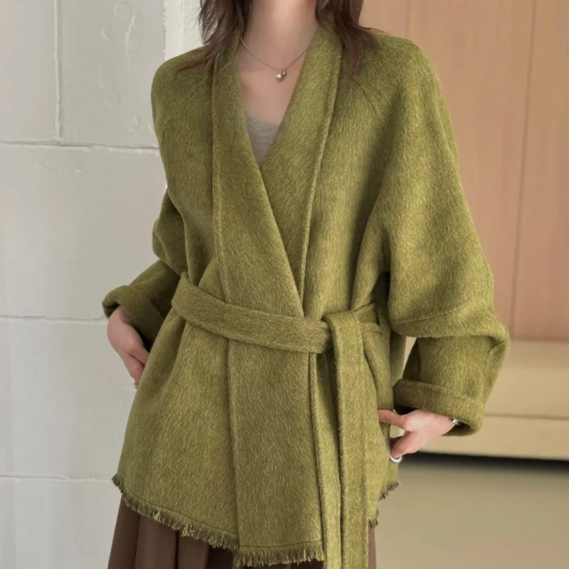 Women Short Wool Blend Coat V Neck Belted Wrap Jacket Fringe Hem Loose Oversized Outerwear Autumn Winter Lady Woolen Overcoat