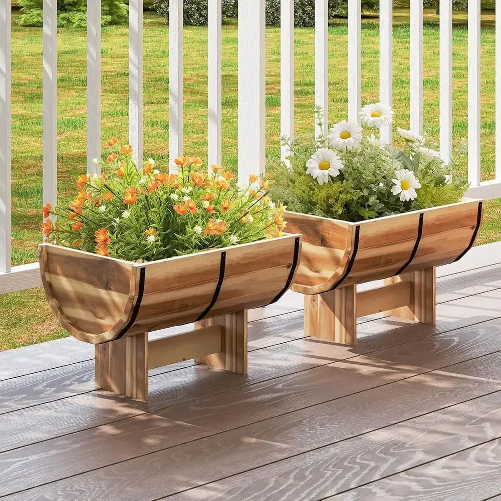 2-Piece Acacia Wood Raised Garden Beds, Barrel-Style Planter Boxes with Legs, Drainage and Metal Bands, Rustic Decorative Elevat