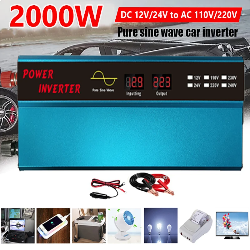 2000W Pure Sine Wave Inverter 12V To 110V/220V Power Inverter LED Display Transformer Converter for Home Outdoor RV Car Camping