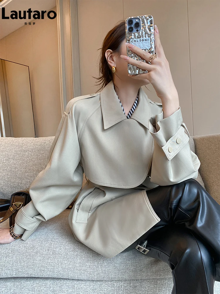 Lautaro Spring Autumn Elegant Chic Trench Coat for Women with Raglan Sleeve Belt Double Breasted Luxury Designer Clothes 2023