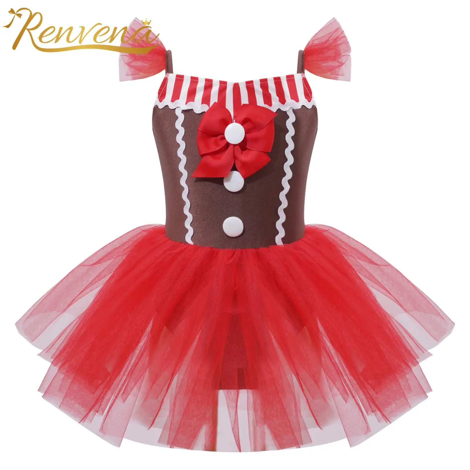 Girls Gingerbread Man Christmas Costume Striped Tutu Dress New Year Costume Carnival Holiday Dress Bowknot Xmas Party Dresses