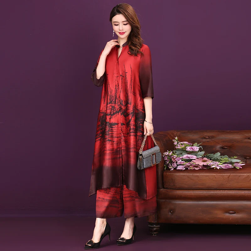 Mom Casual Suit 2022 New Summer Silk Dress + Wide Leg Pants Two-Piece Suit Women Loose Print Two-Piece Suit Female 6XL