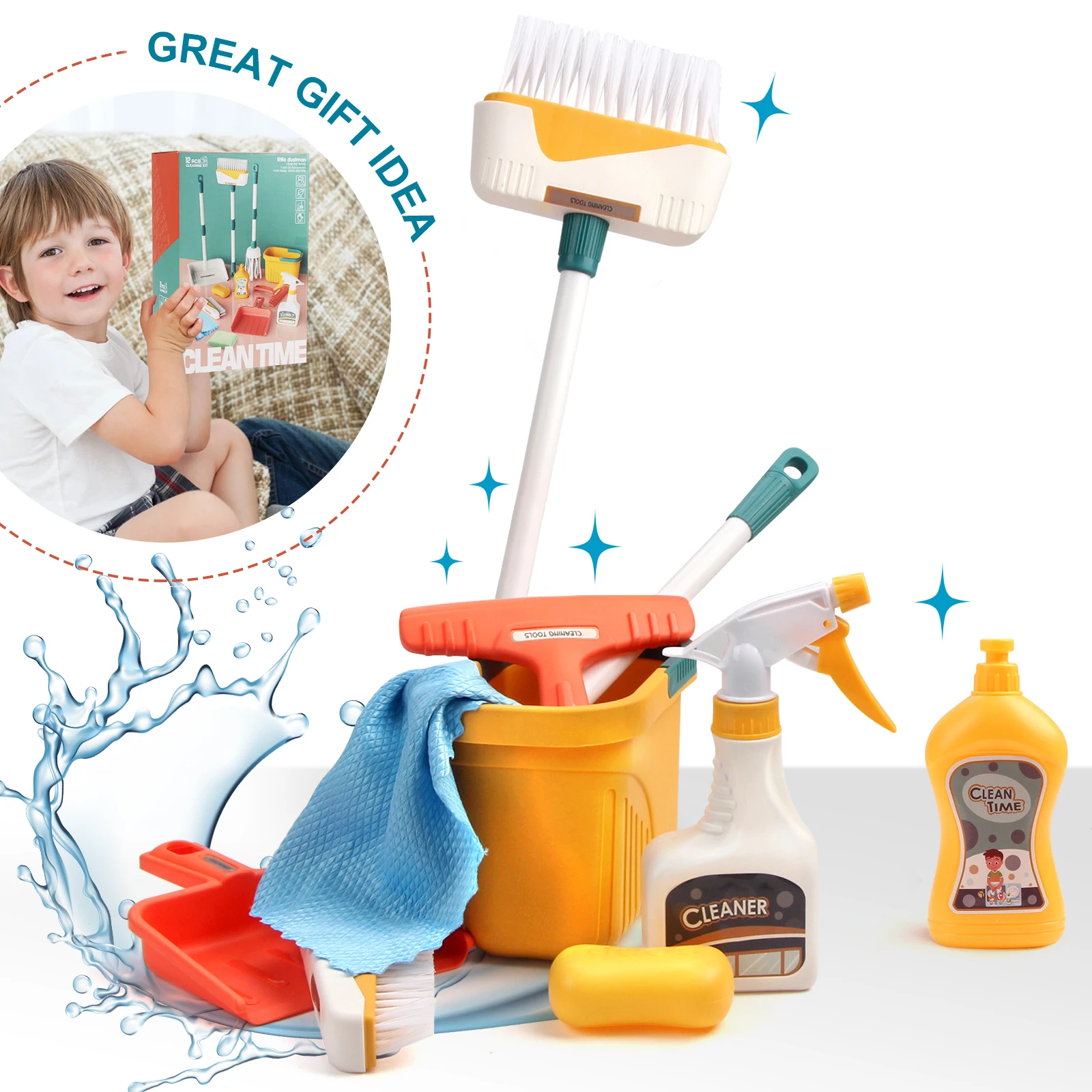 Brinquedo de lavagem e limpeza para crianças, Pretend Play House, Vassoura, Dustpan, Limpeza de balde, Brinquedos pré-escolares para meninos e