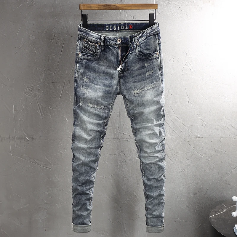 

Italian Style Fashion Men Jeans Retro Washed Blue Stretch Slim Fit Ripped Jeans Men Vintage Designer Casual Denim Pants Hombre