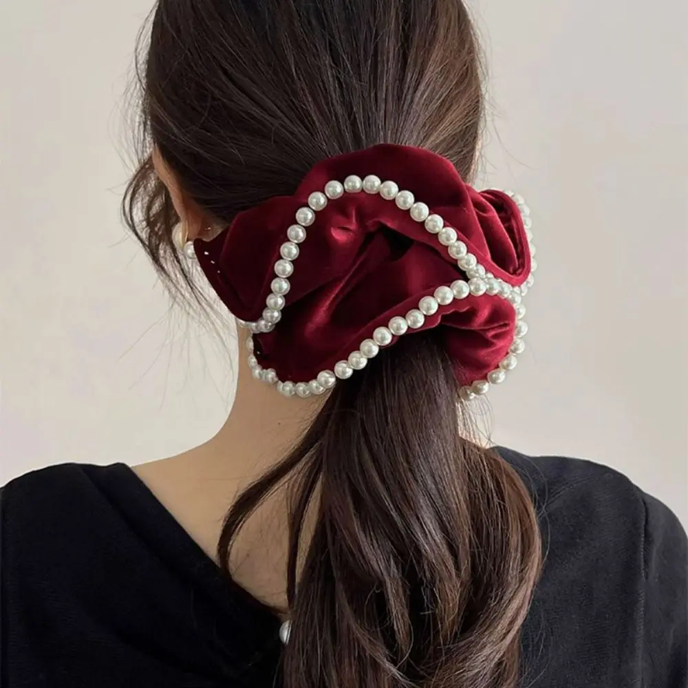 Scrunchies de terciopelo francés con perlas Vintage, cuerda para el cabello, diadema de colon grueso, Anillo para el cabello de temperamento Simple,