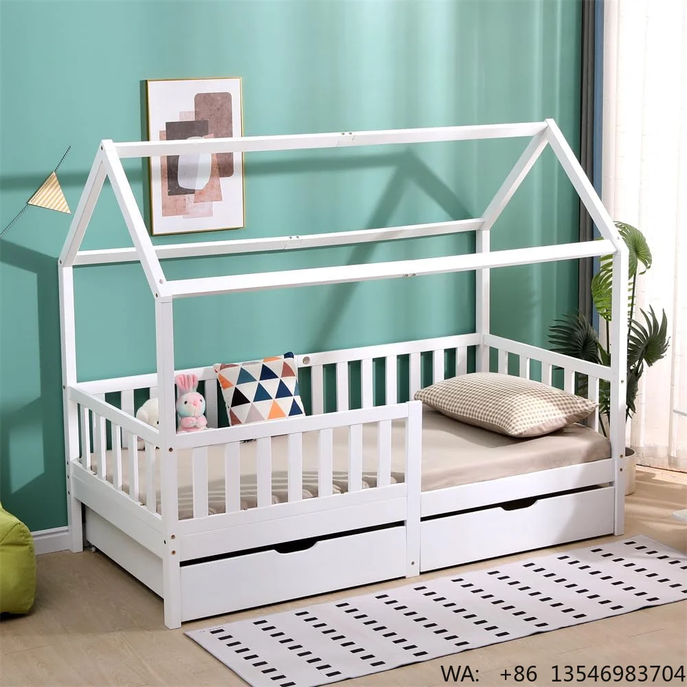 

Wooden Kids Bed Frame Solid Pine Wood Single House Bed Frame Chidren Floor Bed with Two Drawers