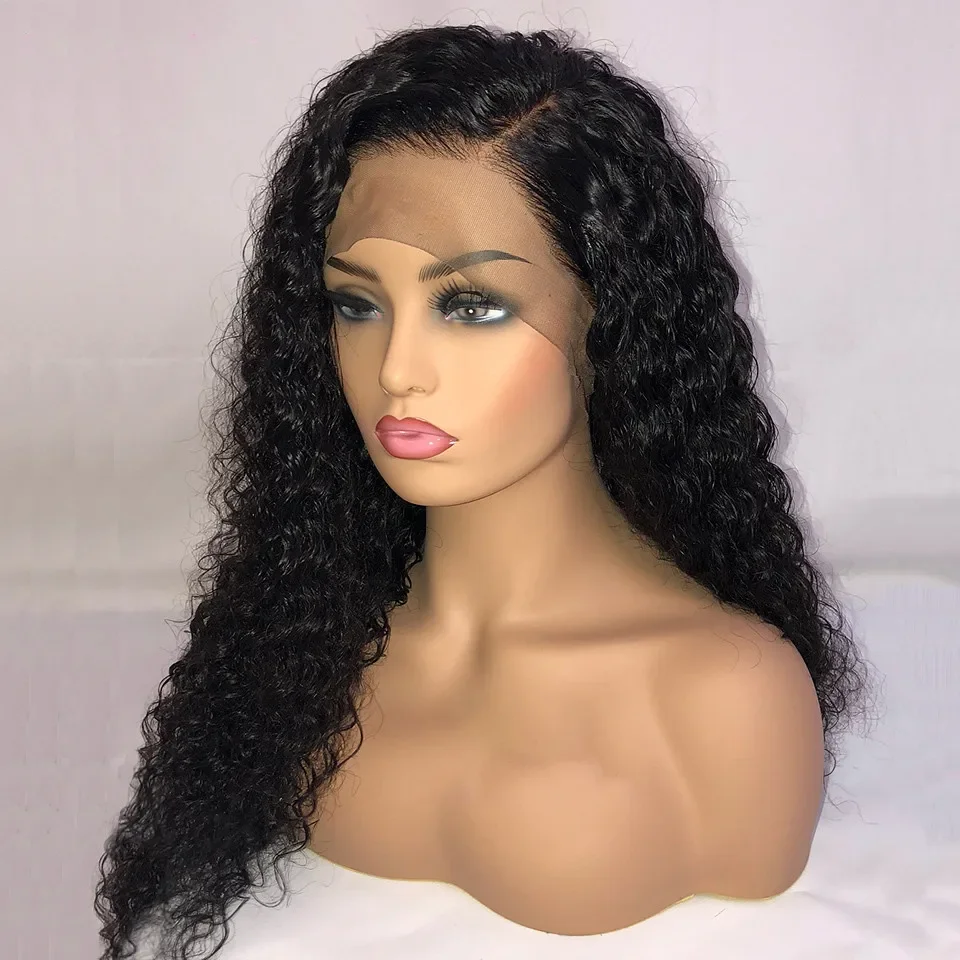 Peluca rizada de encaje frontal para mujer, pelo de bebé suave, 180de densidad, 26 largos, negro Natural, prearrancado, resistente al calor, sin pegamento, peluca diaria